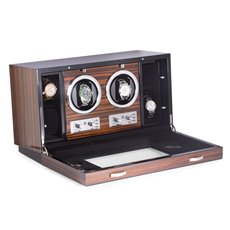 Ebony Burlwood 2 Watch Winder and 4 Storage Case with Glass Face Selectable Winding Mode for Clockwise, Counterclockwise or Dual Direction