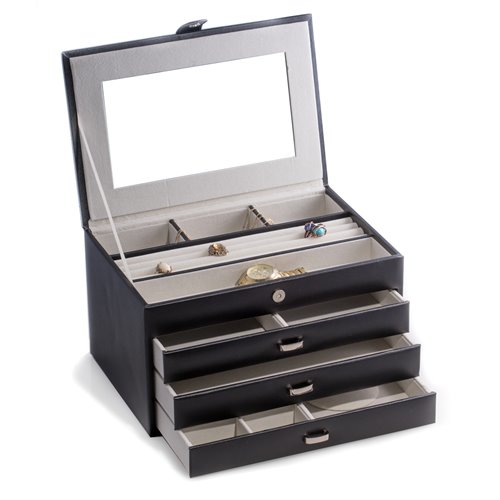 Black Leather 4 Level Jewelry Box with Multi Compartments, Mirror, three drawers, Soft Velour Lined and Snap Closure