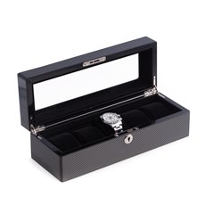 Lacquered Carbon Fiber Steel Gray 5 Watch Case with See-thru Glass Top, Black Velour Lined and Key Lock
