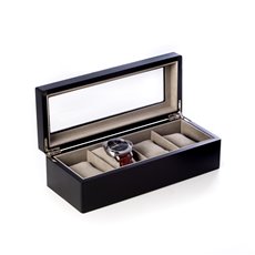 Matte Black Wood 4 Watch Box with Glass Top and Velour Lining and Pillows