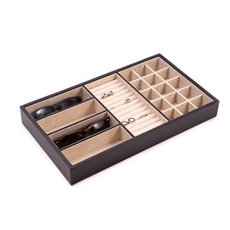 Black Leather Open Face Valet Tray with 4 Sections for Glasses, 15 Sections for Small Jewelry and Slots for Rings or Cufflinks