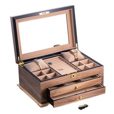 Walnut Lacquered Wood 3 Level Jewelry Box with Gold Accents and Locking Lid