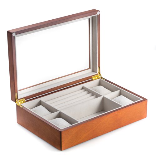 Cherry Wood Valet and Watch Box with Glass Top and Soft Velour Lining Slots for Rings and Cufflinks and 4 Watch Pillows