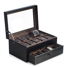 Black Pebbled Leather 20 Watch Case with Secure Nesting Storage of up to 50mm Bezel Watches