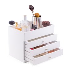 White Wood Makeup Case with 3 Drawers and Open Top Vinyl Lined for Easy Cleaning