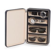Black Leather Two Watch and Two Sunglass Travel Case with Form Fit Compartments with Zipper Closure