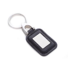 Black Leather Key Ring with ID Tag and Chrome Trim