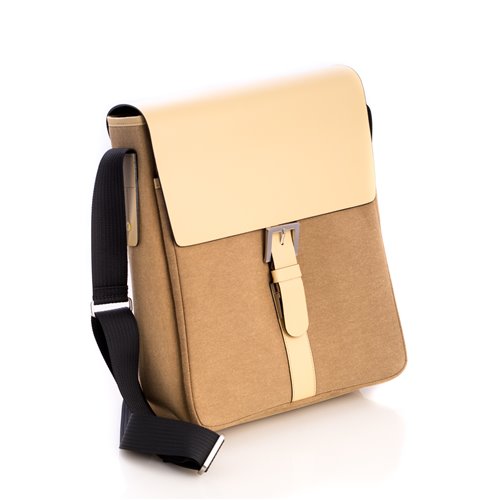 Ivory Leather and Khaki Fabric Messenger Bag with Shoulder Strap