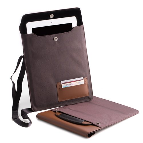 Brown Leather and Ballistic Nylon Tablet Carrying Case with Hide-away handle and Adjustable Shoulder Strap