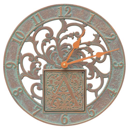 Silhouette Monogram 12" Personalized Indoor Outdoor Wall Clock, Copper Verdigris
