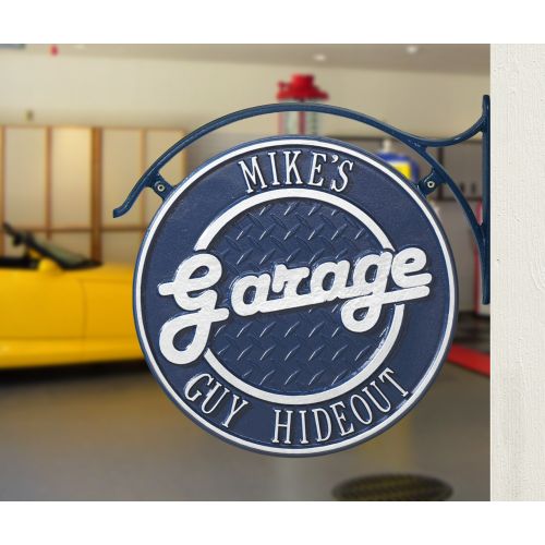 Hanging Garage Plaque With Bracket, Dark Blue/Silver, Dark Blue/Silver