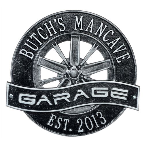 Racing Wheel Garage Plaque, Black/Silver, Black/Silver