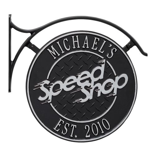 Hanging Speed Shop Plaque With Bracket, Black/Silver, Black/Silver