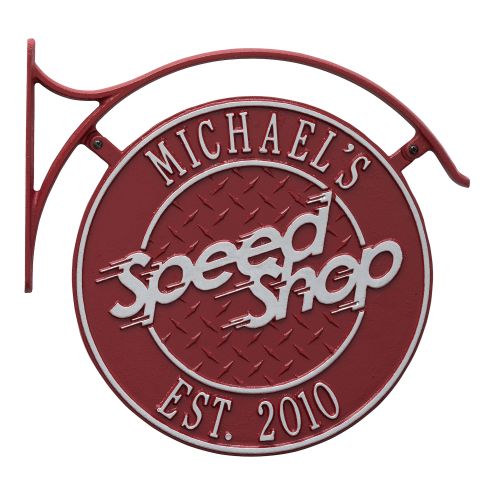 Hanging Speed Shop Plaque With Bracket, Red/Silver, Red/Silver