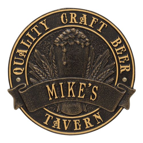 Custom Quality Craft Beer Tavern Round Plaque, Dark Bronze / Gold