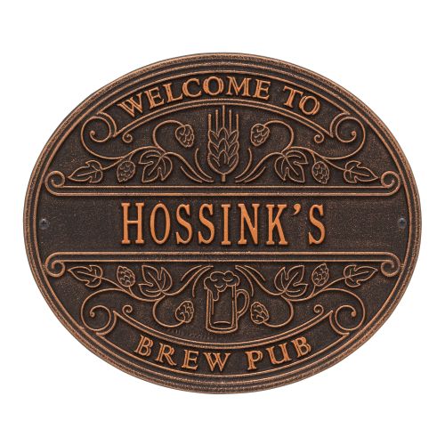 Custom Brew Pub Welcome Plaque, Antique Brass