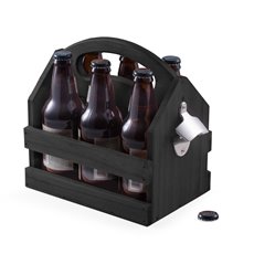 Black Solid Wood Six Pack Bottle Caddy with Ergonomic Curved Built in Handle and Bottle Opener
