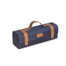 Blue Ballistic Nylon and Brown Leatherette Bottle Caddy with Secure Snap Closures, Carrying Handle