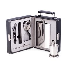 Seven Piece Stainless Steel Travel Bar Set in Black Leather Carrying Case with Locking Clasp