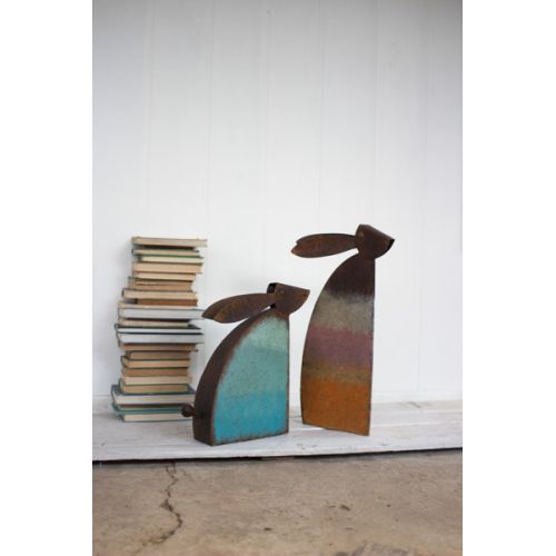 Rustic Metal Rabbits With Colored Detail Set of Two