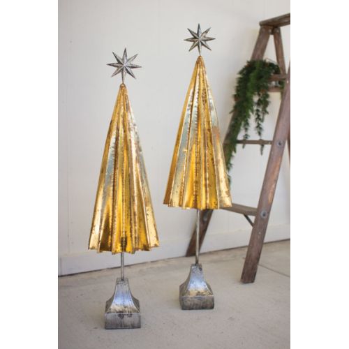 Folded Gold Metal Trees With Silver Star Set of Two