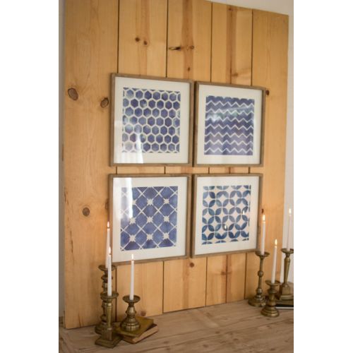 Blue Block Geometric Prints Under Glass Set of 4