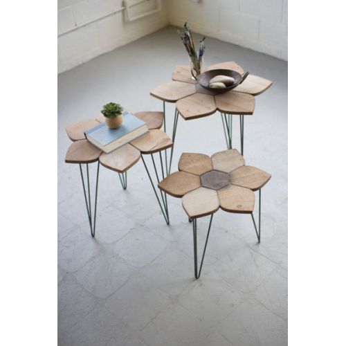 Flower Side Tables With Wooden Tops Set of 3