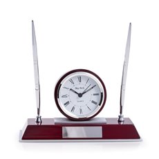 Dresden Lacquered Rosewood Quartz Desk Clock with Chrome and Stainless Steel Accents and 2 Pens