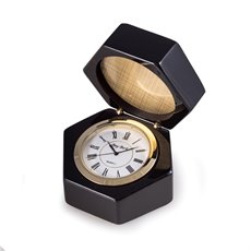 Stanford Lacquered Ebony Wood Box with Quartz Clock and Picture Frame or Engraving Plate with Brass Accents