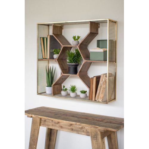 Wooden Honey Comb Shelf with Ant Brass Finish Metal Mesh Frame