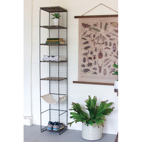 Wood And Metal Storage Tower With Canvas Sling Shelf
