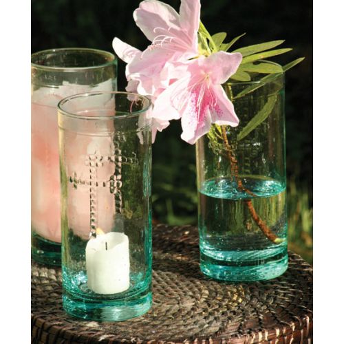 Rustic Glass Candleholder Vase Or Drinkware with Cross Detail Set of 6