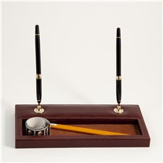 Tan Leather Double Pen Stand with Gold Plated Accents