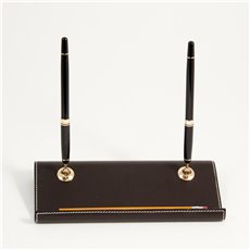 Coco Brown Leather Double Pen Stand with Gold Plated Accents