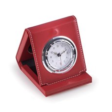Red Leather Foldable Quartz Alarm Clock with Chrome Accents