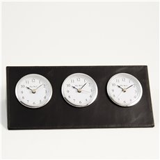 Black Leather Triple Time Zone Quartz Clock with Chrome Accents and 3 Engraving Plates