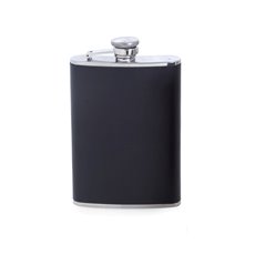 8 oz Stainless Steel Black Leather Flask with Captive Cap and Durable Rubber Seal