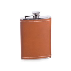 8 oz Stainless Steel Saddle Brown Leather and White Stitch Flask with Captive Cap and Durable Rubber Seal