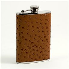 8 oz Stainless Steel Brown Ostrich Leather Flask with Captive Cap and Durable Rubber Seal