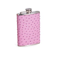 8 oz Stainless Steel Pink Ostrich Leather Flask with Captive Cap and Durable Rubber Seal