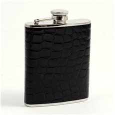 6 oz Stainless Steel Black Croco Leather Flask with Captive Cap and Durable Rubber Seal