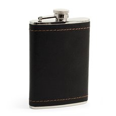 8 oz Stainless Steel Black Leather and Mustard Stitch Flask with Captive Cap and Durable Rubber Seal