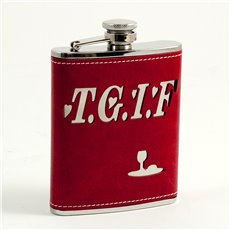 6 oz Stainless Steel Red Leather TGIF Flask with Stitching, Captive Cap and Durable Rubber Seal