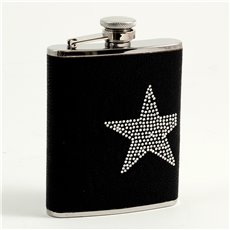 6 oz Stainless Steel Black Leatherette Flask with Reign Stone Star Design, Captive Cap and Durable Rubber Seal