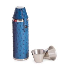 10 oz Stainless Steel Blue Ostrich Leather Cylinder Flask with Two Cups