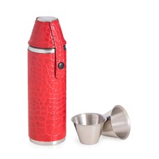 10 oz Stainless Steel Red Croco Leather Cylinder Flask with Two Cups