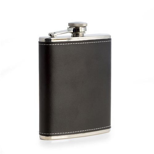 6oz Stainless Steel Black Leather Flask with Contrast Stitching