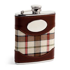 6 oz Stainless Steel Brown Leather and Beige Plaid Fabric Flask with Oval Emblem, Captive Cap and Durable Rubber Seal