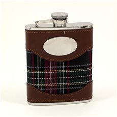 6 oz Stainless Steel Brown Leather and Blue Plaid Fabric Flask with Oval Emblem, Captive Cap and Durable Rubber Seal