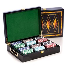 Poker Set with 300, 115 gram Clay Composite Chips, Two Decks of Playing Cards and 5 Poker Dice in a Inlaid Lacquer Wood Box